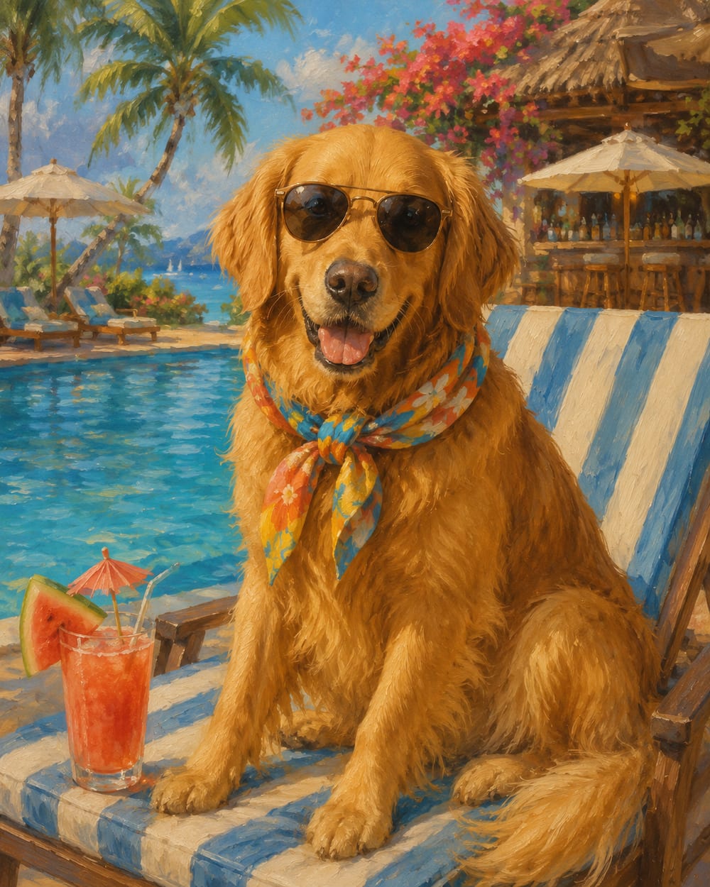 Oil painting of a golden retriever in sunglasses at a tropical beach resort