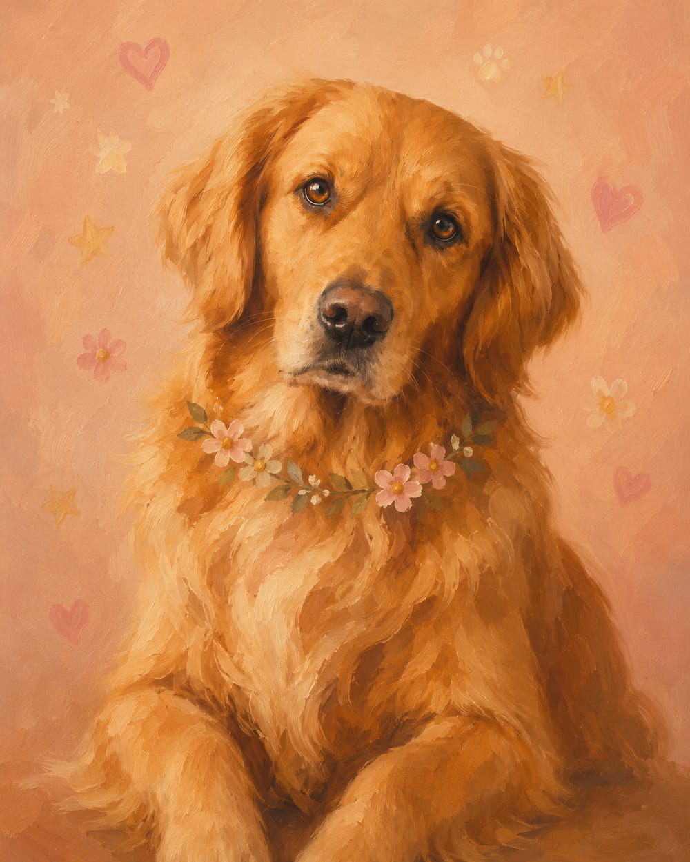 Hand-painted oil portrait of a golden retriever with a floral collar on a soft peach background