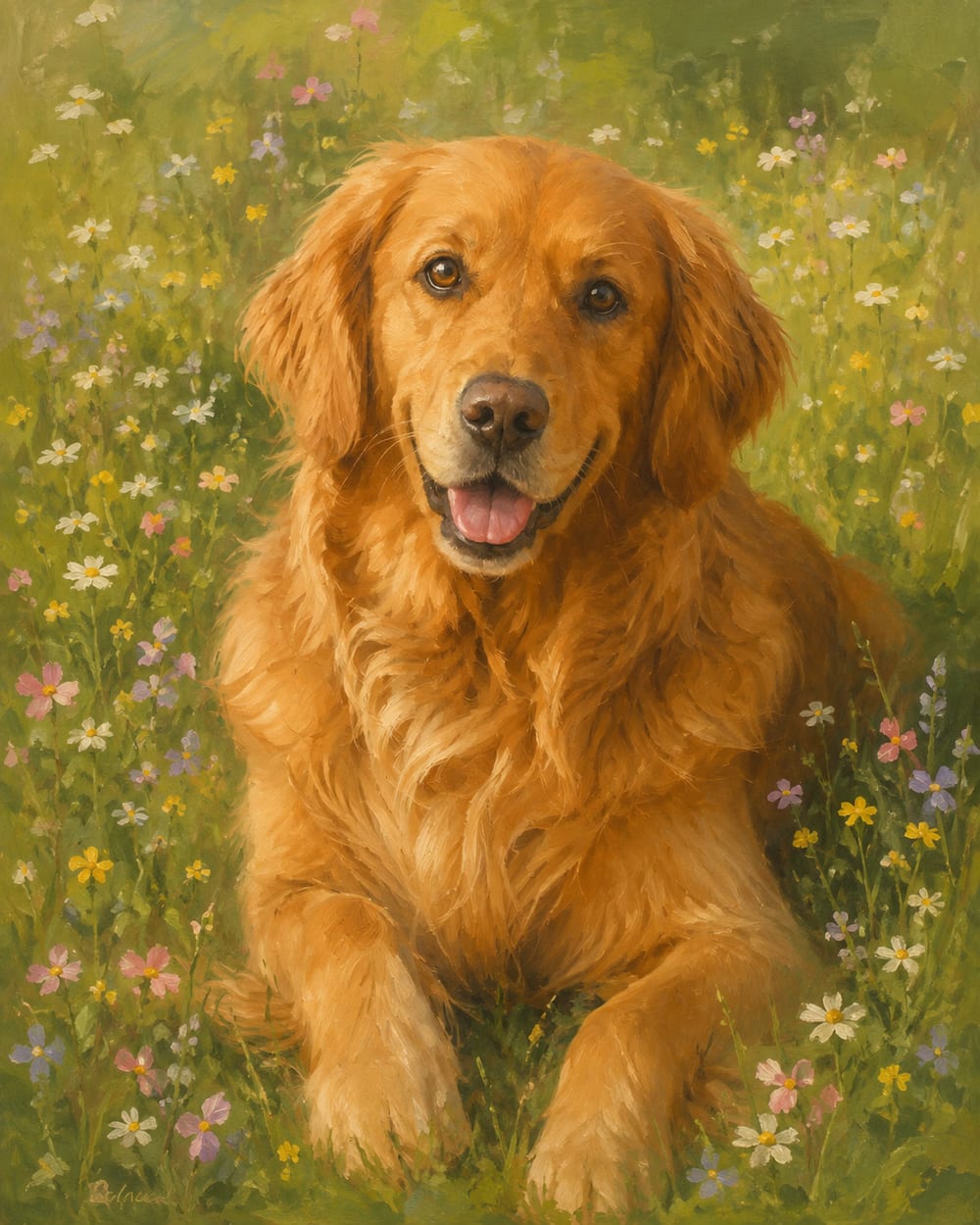 Oil painting of a golden retriever lying in a wildflower meadow