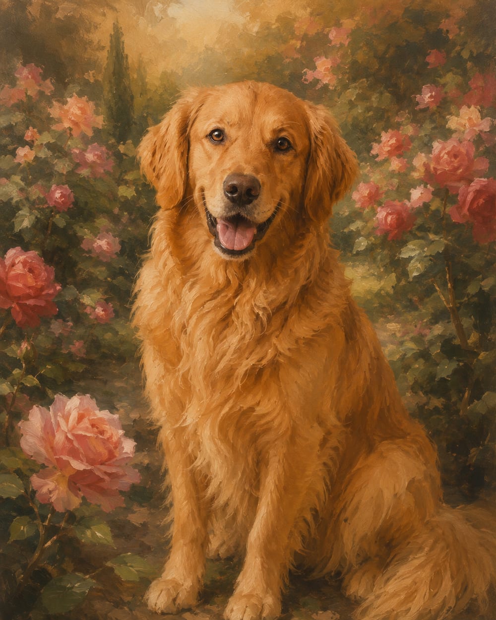 Classical oil portrait of a golden retriever in a rose garden